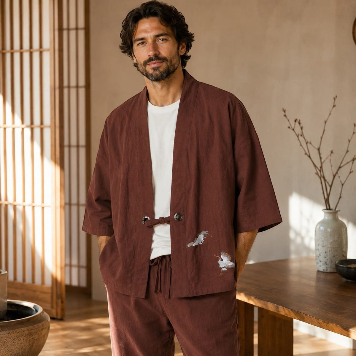 La Boutique Kimono Veste Kimono Homme Japonais Marron Broderie Grue