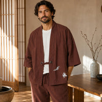 La Boutique Kimono Veste Kimono Homme Japonais Marron Broderie Grue