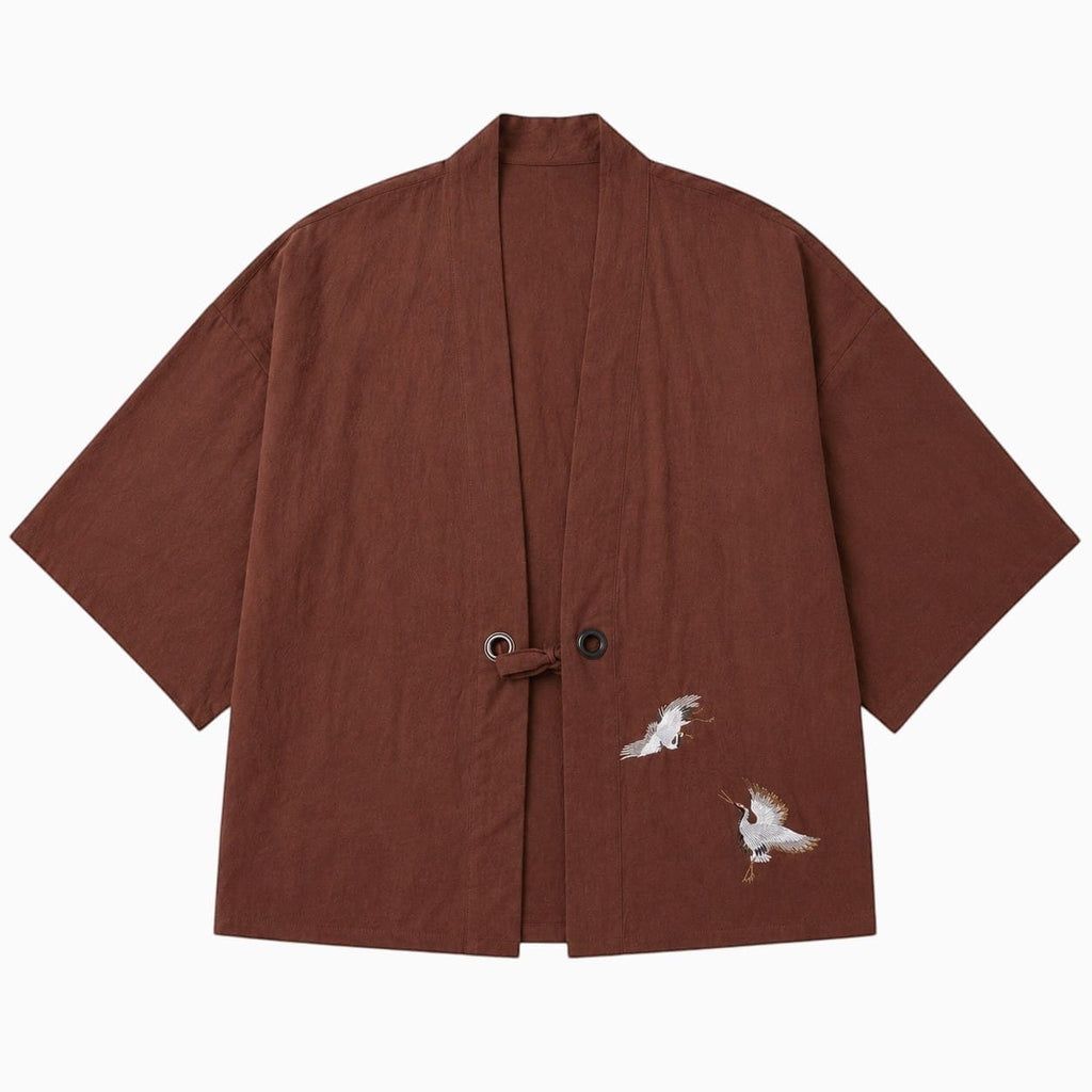 La Boutique Kimono Veste Kimono Homme Japonais Marron Broderie Grue