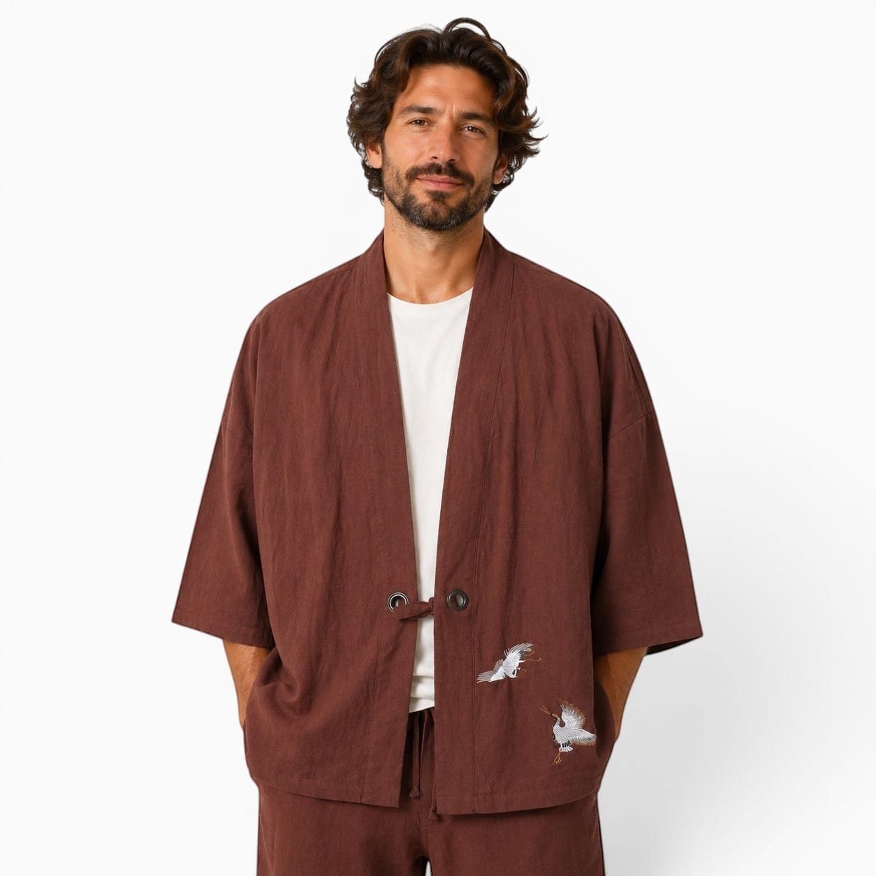 La Boutique Kimono Veste Kimono Homme Japonais Marron Broderie Grue
