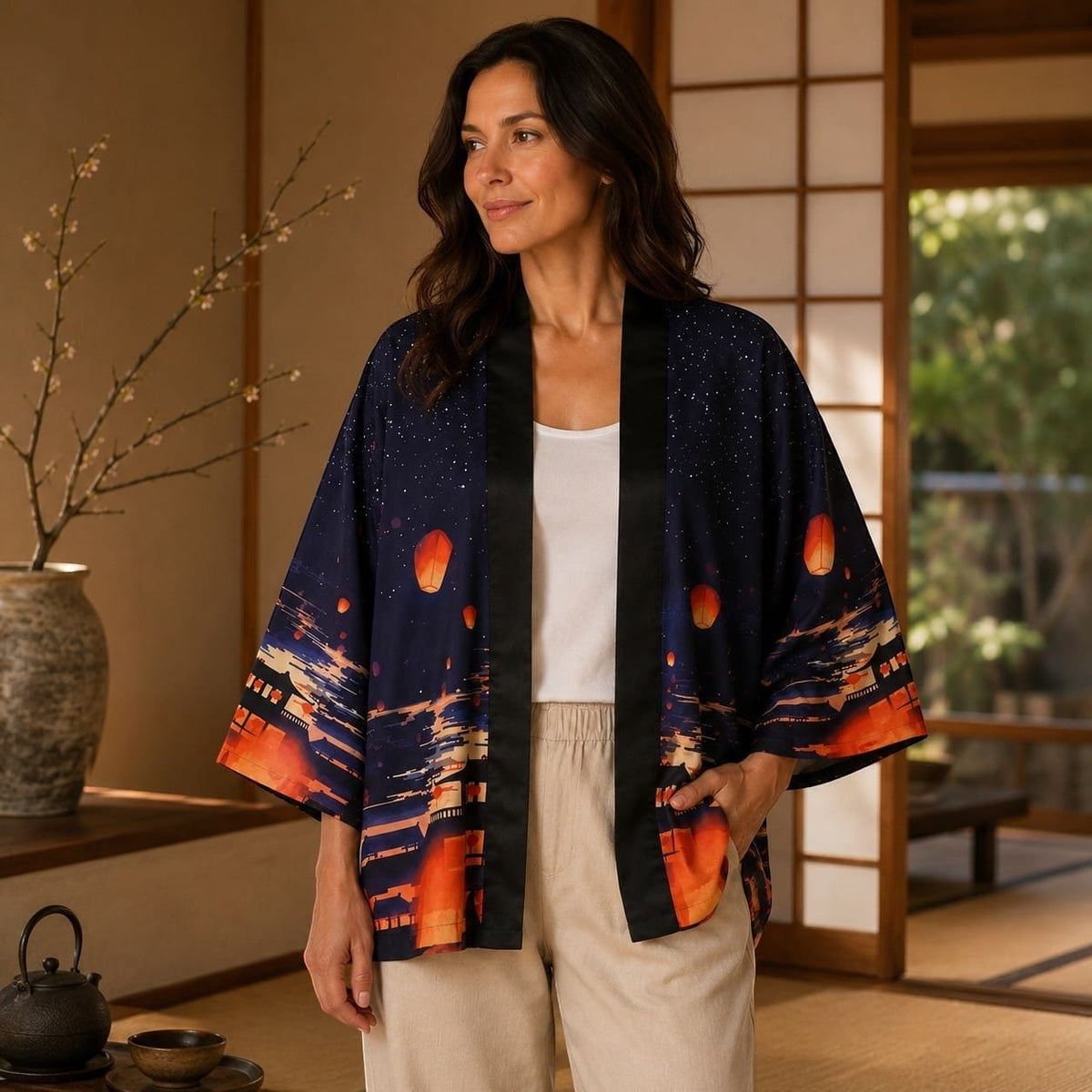 La Boutique Kimono Veste Kimono Japonais Femme Bleu Nuit Lanternes
