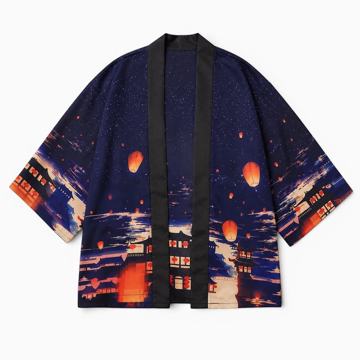La Boutique Kimono Veste Kimono Japonais Femme Bleu Nuit Lanternes
