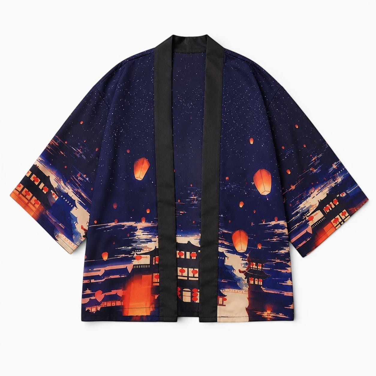 La Boutique Kimono Veste Kimono Japonais Femme Bleu Nuit Lanternes