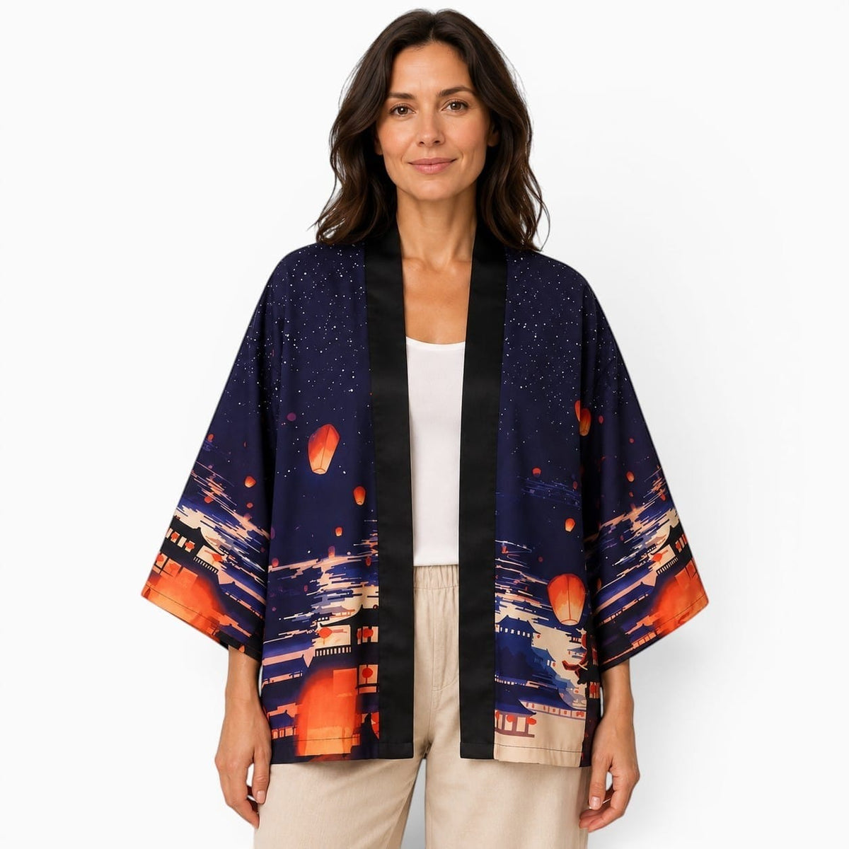 La Boutique Kimono Veste Kimono Japonais Femme Bleu Nuit Lanternes