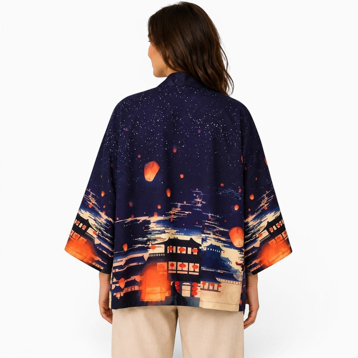 La Boutique Kimono Veste Kimono Japonais Femme Bleu Nuit Lanternes