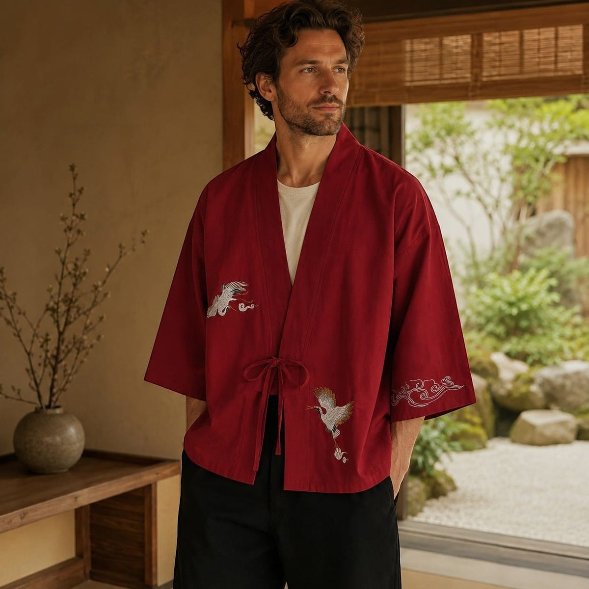 La Boutique Kimono Vetement Traditionnel Japonais Brodé De Grues Rouge