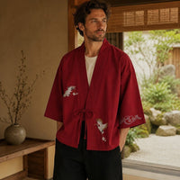 La Boutique Kimono Vetement Traditionnel Japonais Brodé De Grues Rouge